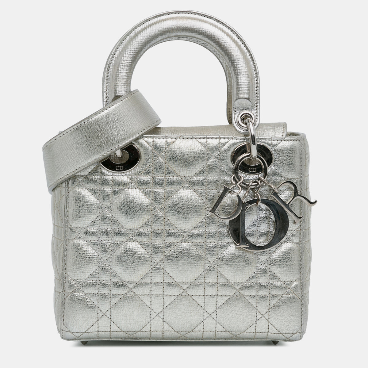 Dior Silver Metallic Grained Calfskin Leather Small Cannage Lucky Badges My Lady Shoulder Bag