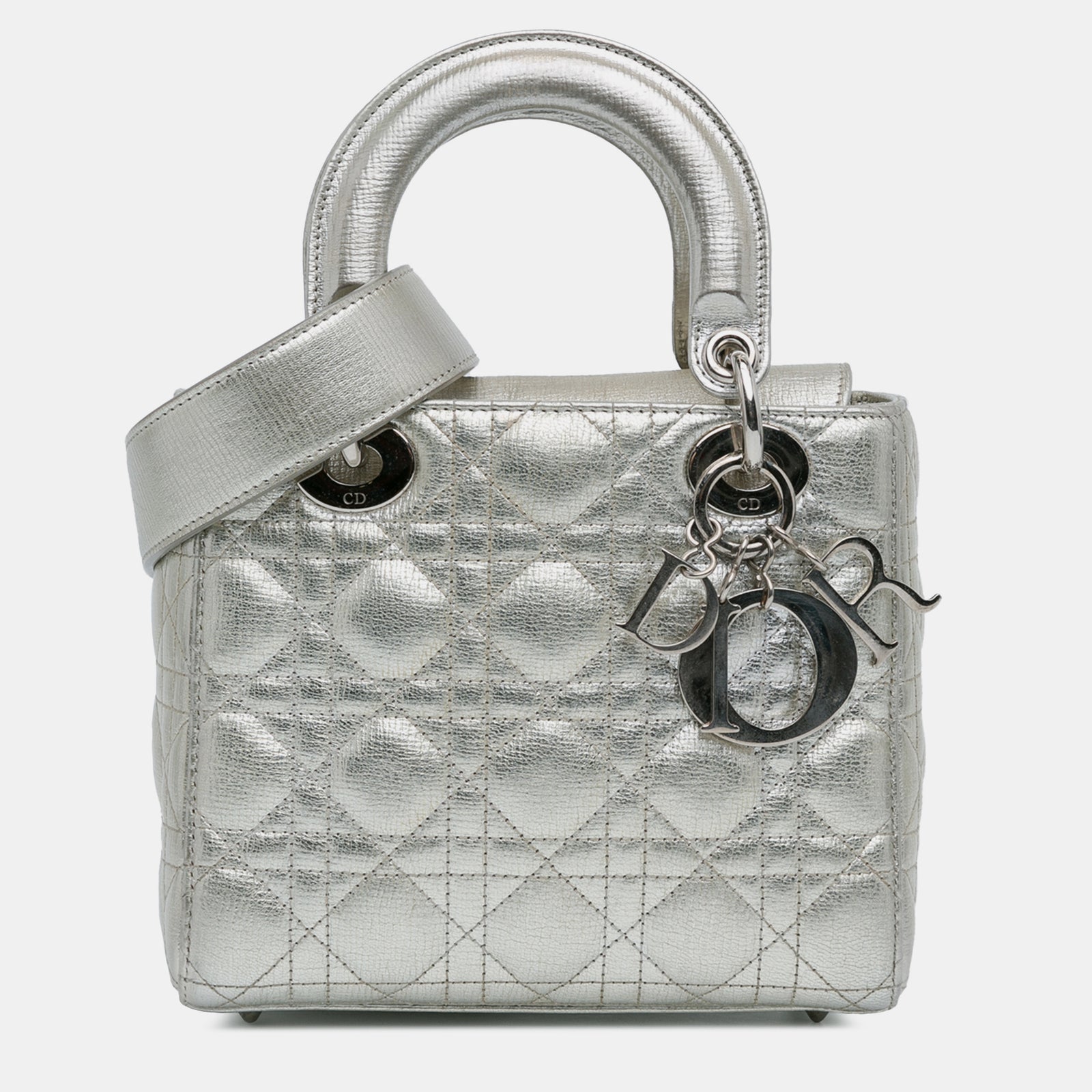 Dior Kleine Cannage Lucky Badges My Lady Schultertasche aus genarbtem Kalbsleder in Silber-Metallic