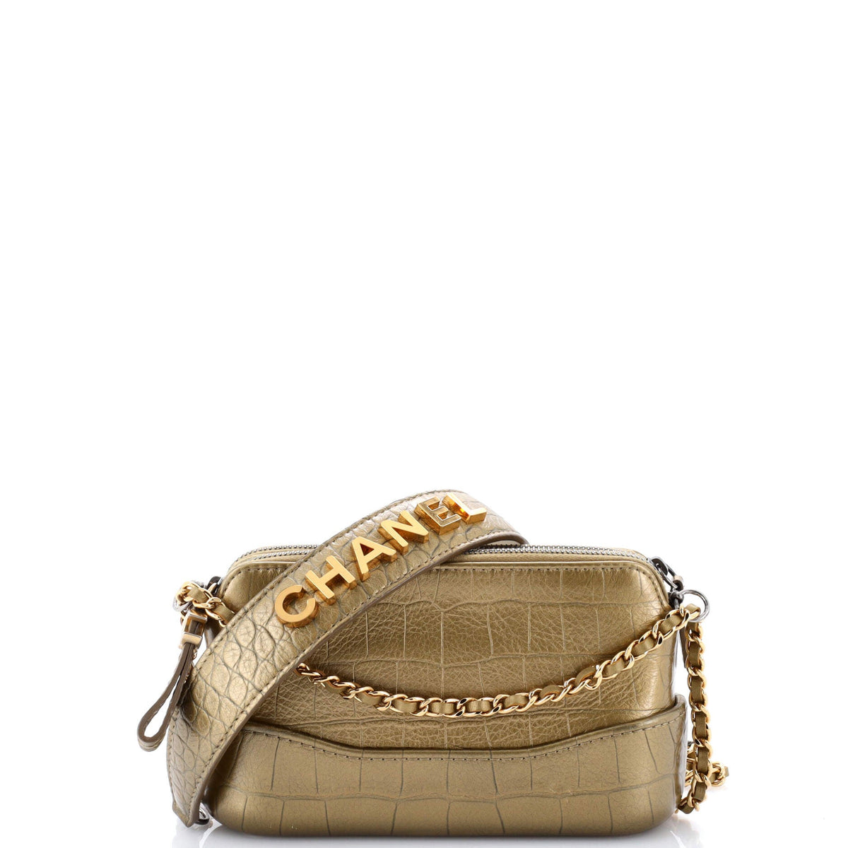 Chanel CHANEL Gabrielle Logo Handle Double Zip Clutch with Chain Crocodile Embossed Calfskin