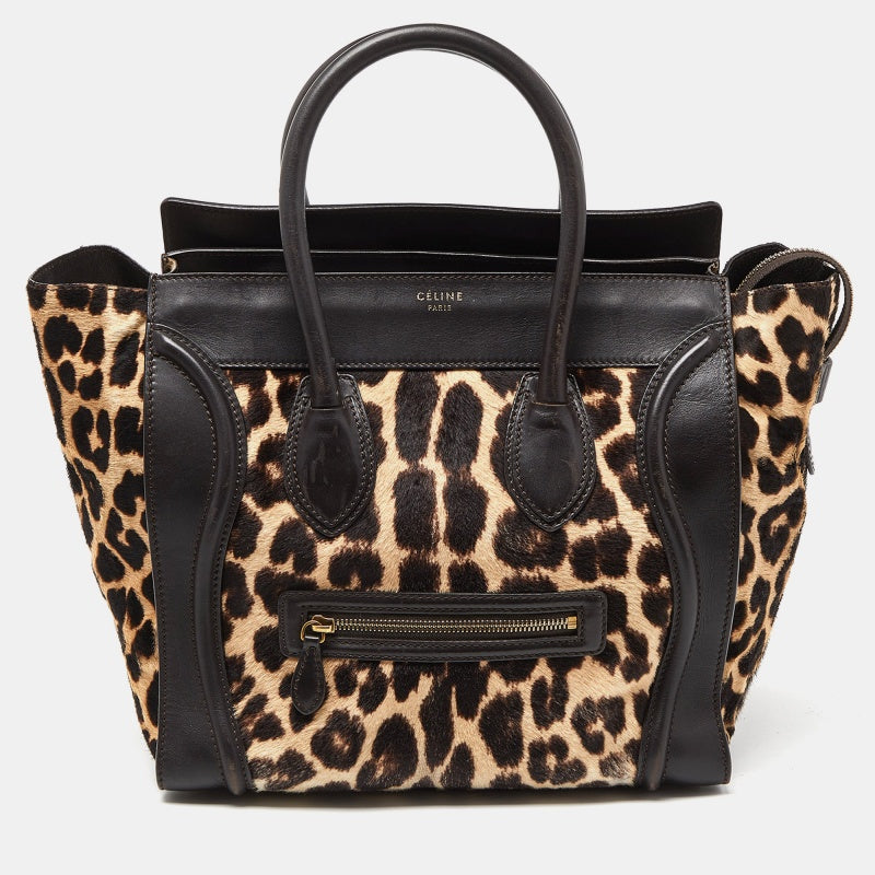 Celine Brown Leopard Print Calfhair and Leather Mini Luggage Tote