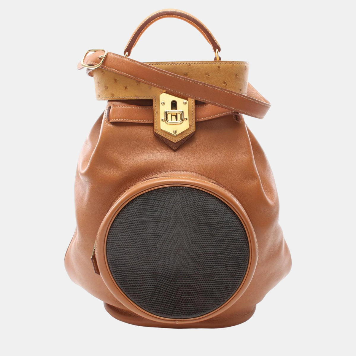 Hermès Brown and Black Leather and Lizard Leather and Ostrich Leather Sumac Shoulder Bag