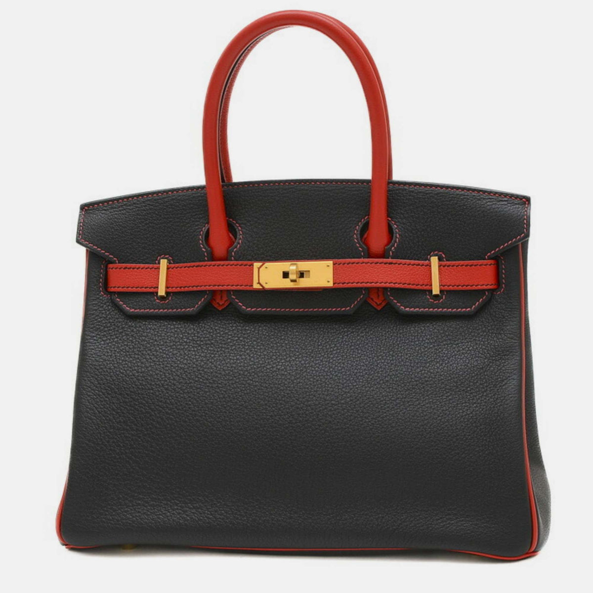 Hermès Black/Rouge Casaque Togo Leather Birkin 30 Tote Bag