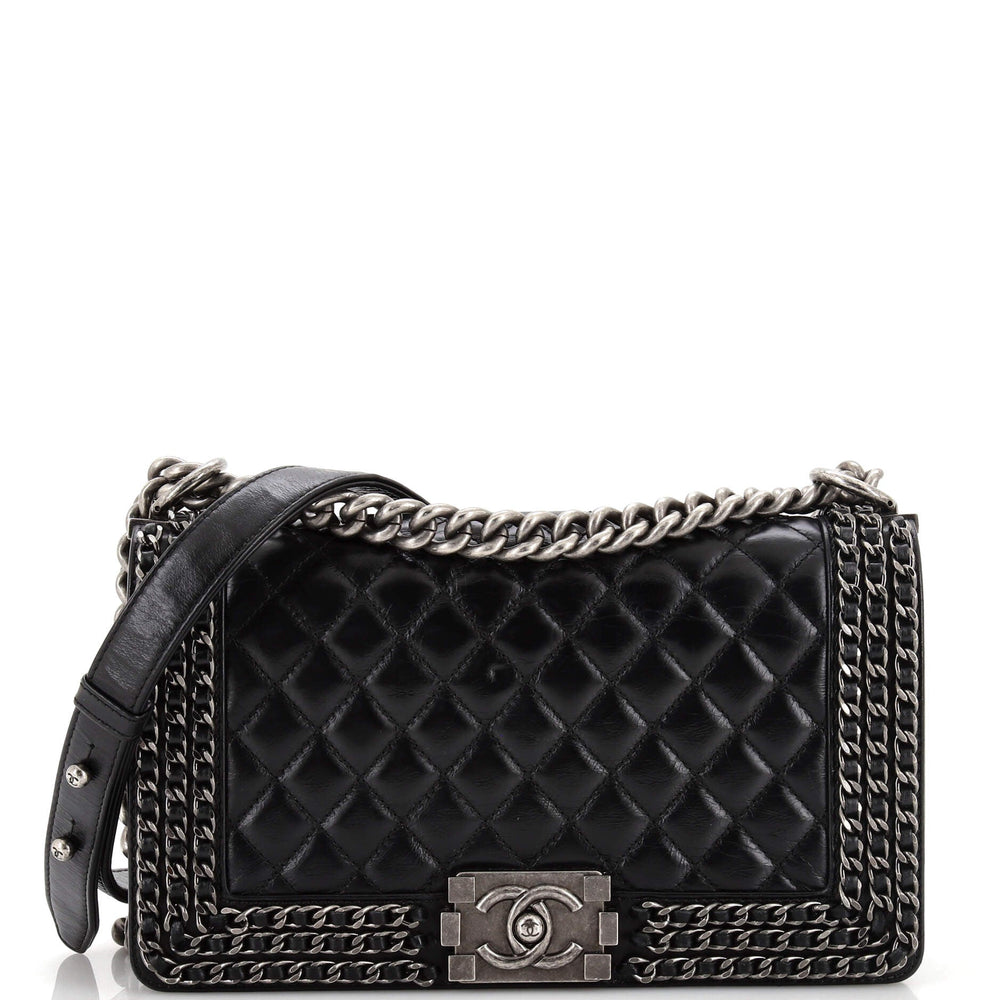 CHANEL Chained Boy Flap Bag Gestepptes, glasiertes Kalbsleder, alt, mittel