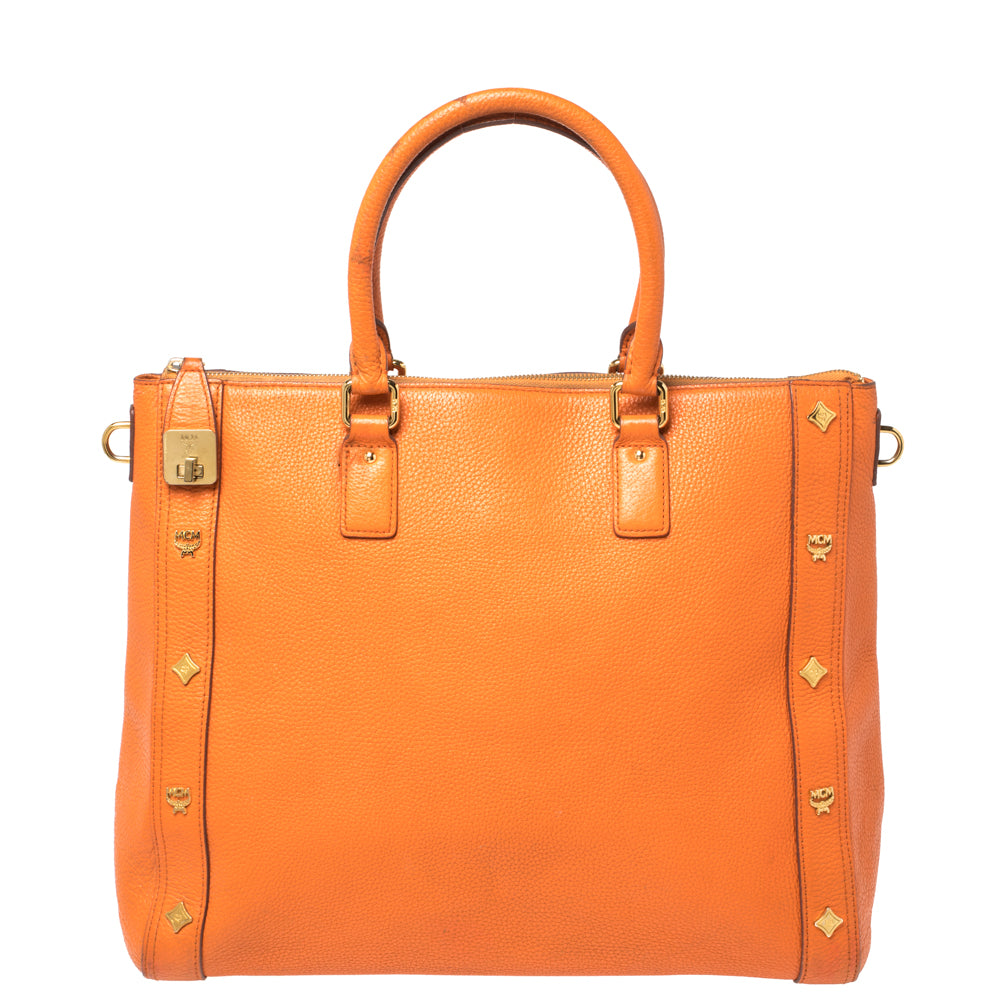 MCM Orange Textured Leather Large Tote