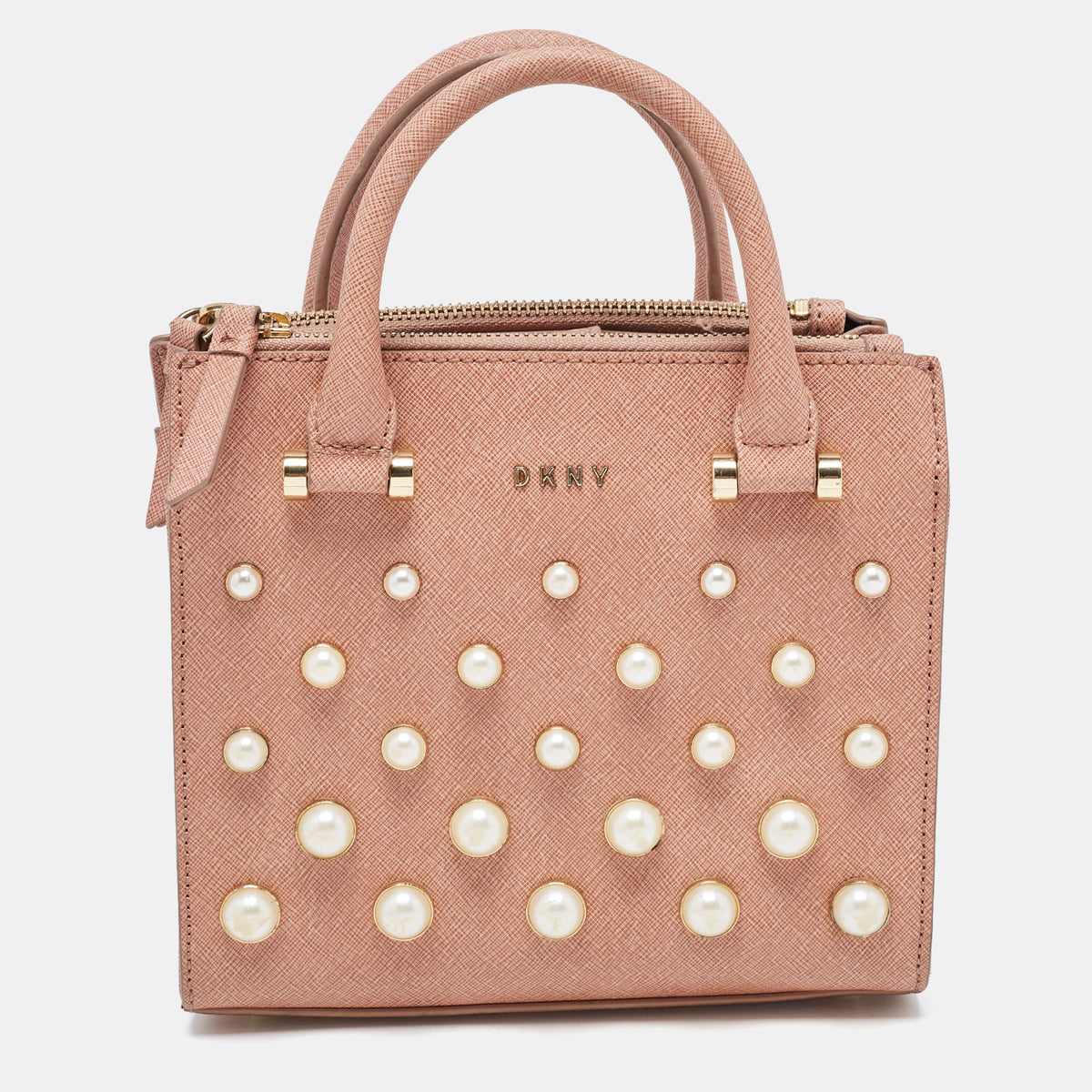 DKNY DKNY Pink Textured Leather Pearl Embellished Double Zip Tote