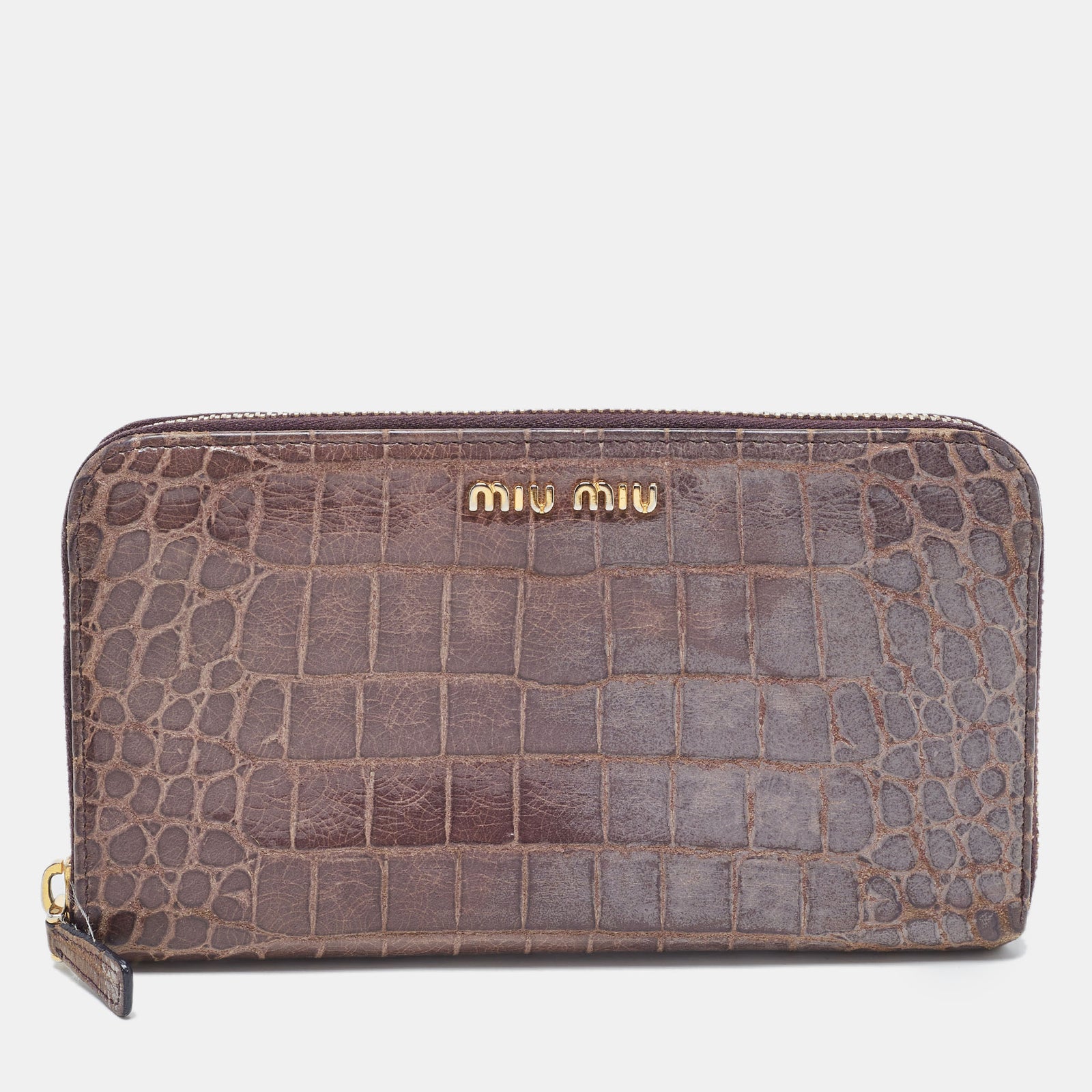 Miu Miu Mauve Purple Croc Embossed Glazed Leather Zip Around Continenal Wallet