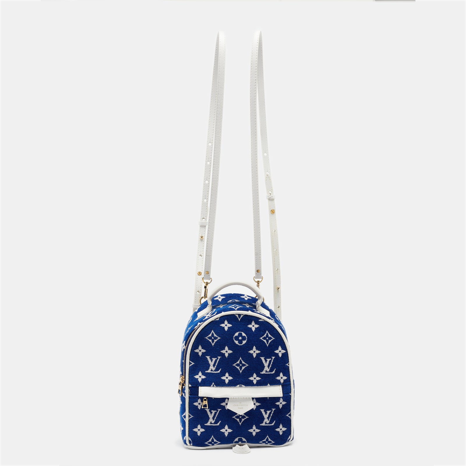 Louis Vuitton Sac à dos Palm Springs en velours et cuir bleu/blanc avec monogramme