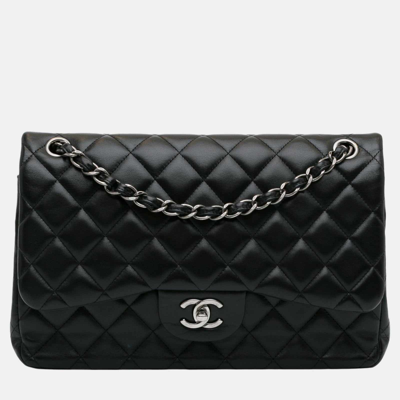 Chanel Sac à rabat double classique en cuir d'agneau noir Jumbo