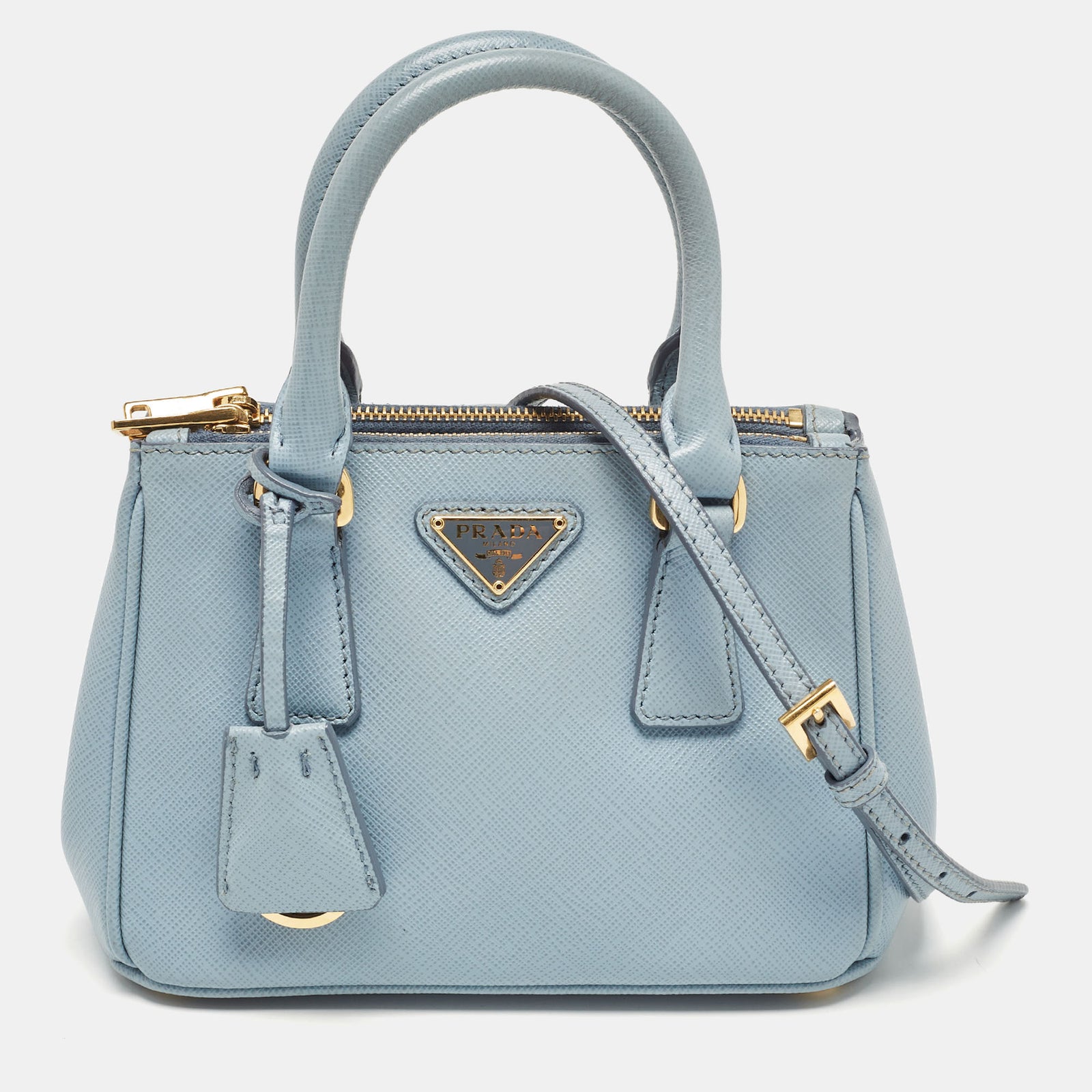 Prada Light Blue Saffiano Lux Leather Micro Double Zip Tote