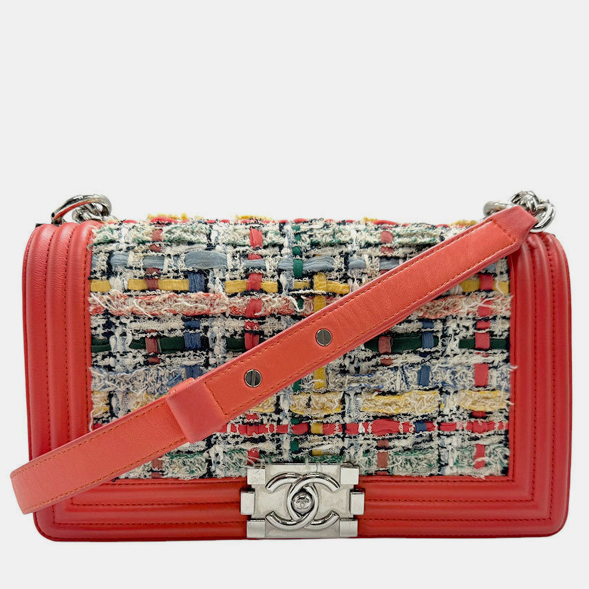 Chanel Salmon Pink Multicolor Silver Tweed Leather Boy Bag