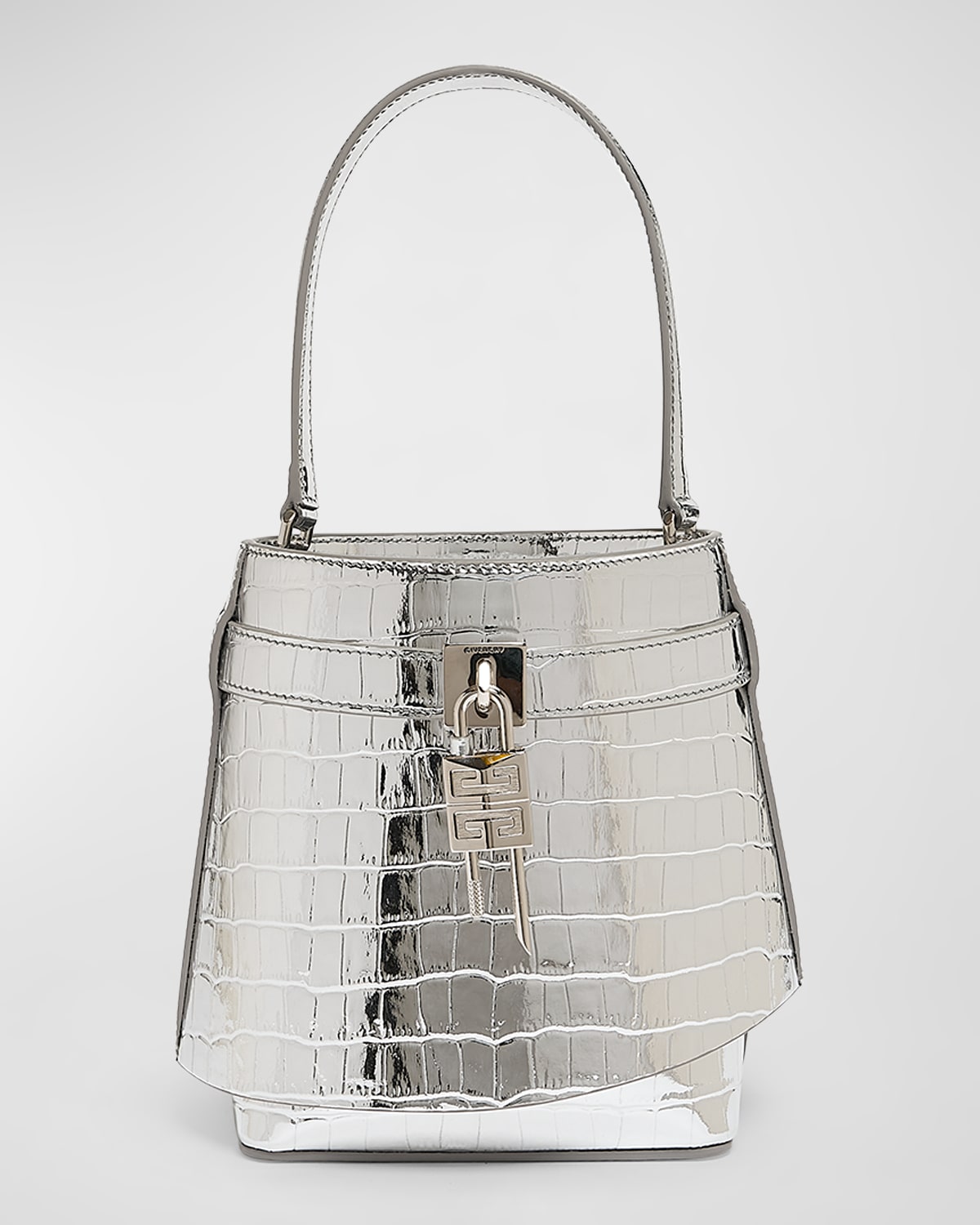 Boss Shark Lock Bucket Bag in Metallic Croc-Embossed Leather