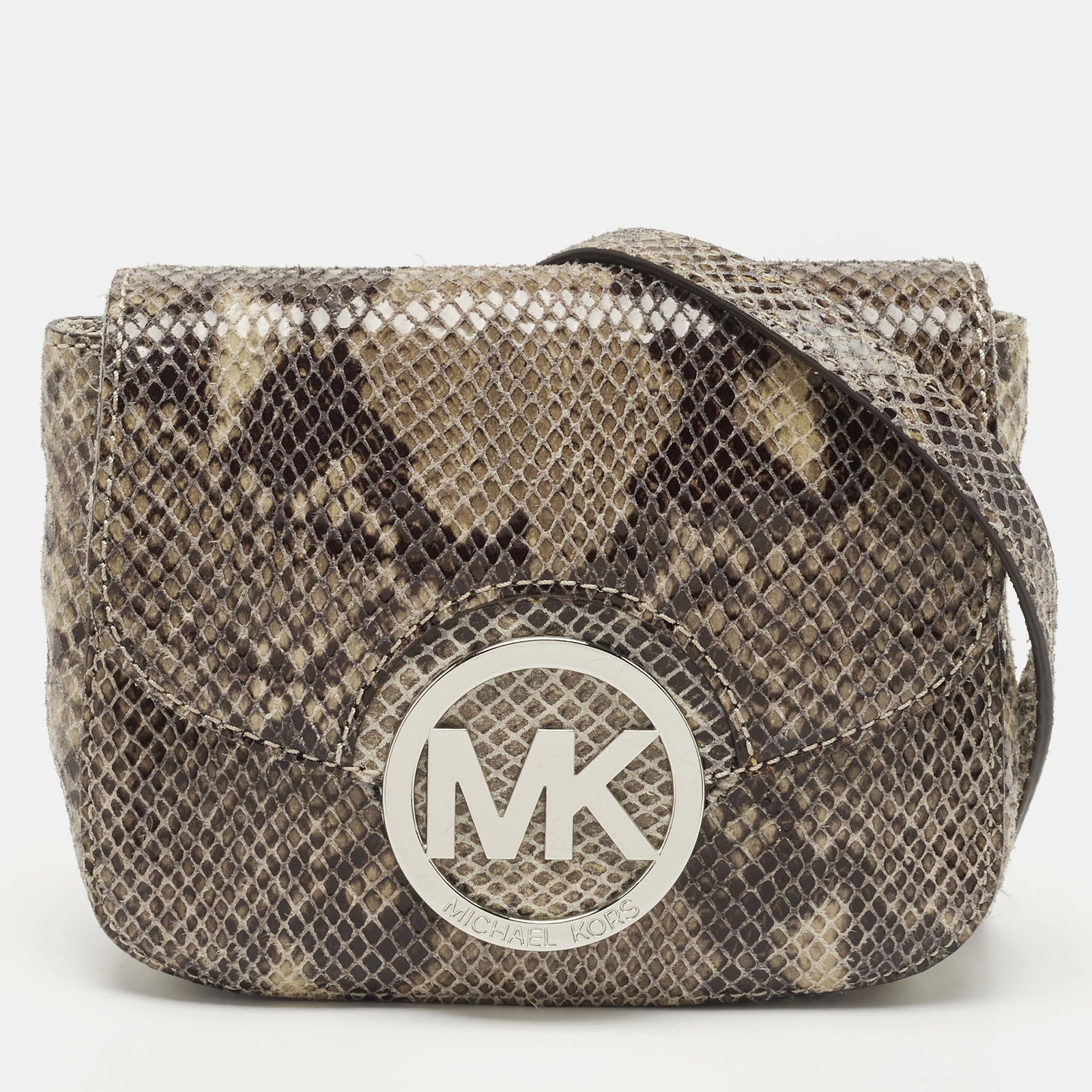 Michael Kors Black/Beige Python Embossed Leather Fulton Flap Crossbody Bag