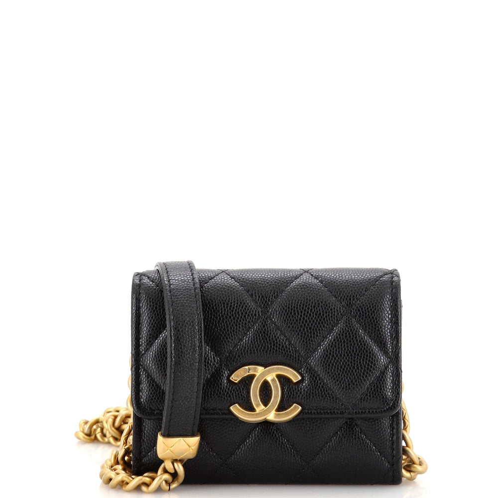 CHANEL Plate Logo CC Flap Card Holder on Chain Quilted Caviar Mini