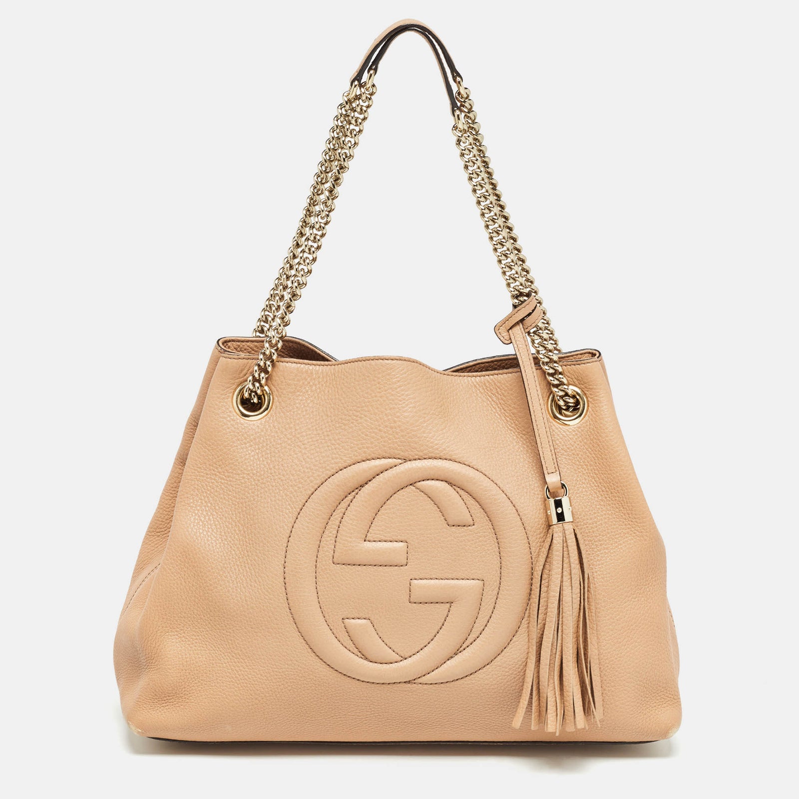 Gucci Sac fourre-tout Soho en cuir beige de taille moyenne avec chaîne