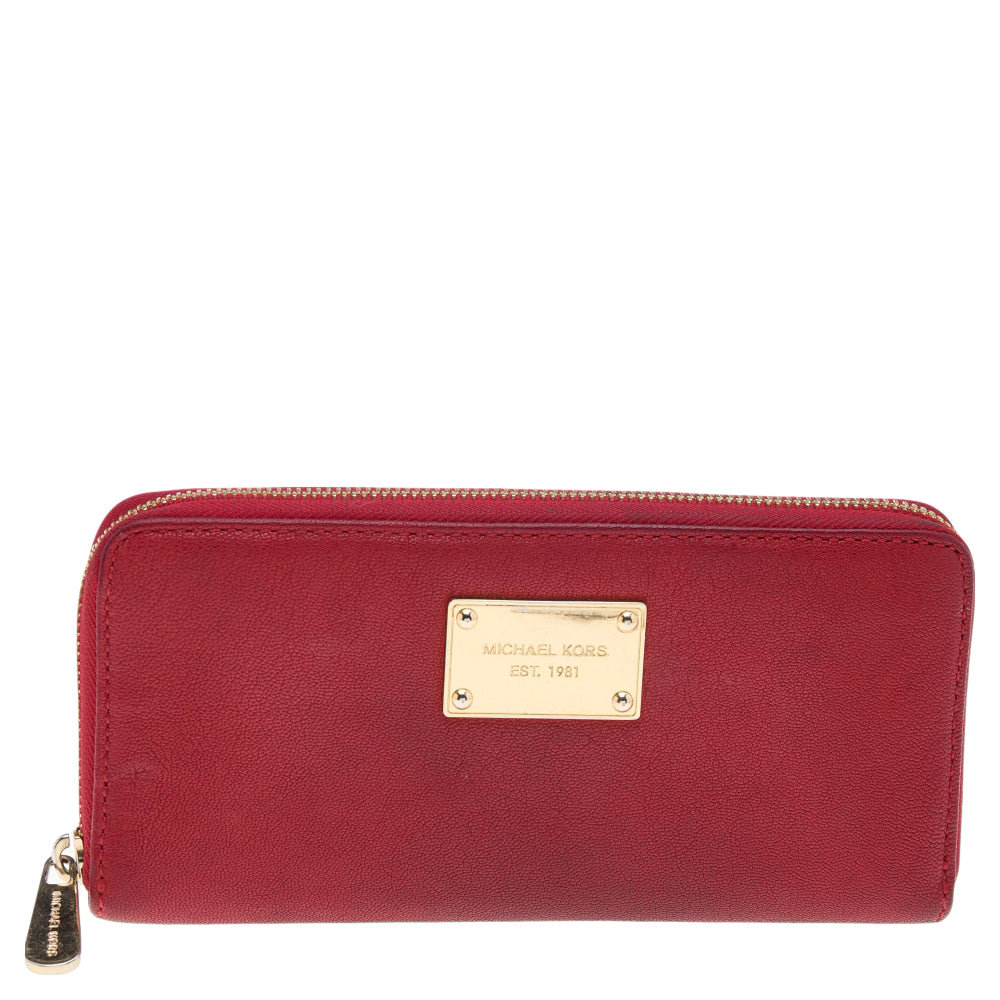 Michael Kors Red Leather Jet Set Zip Around Wallet