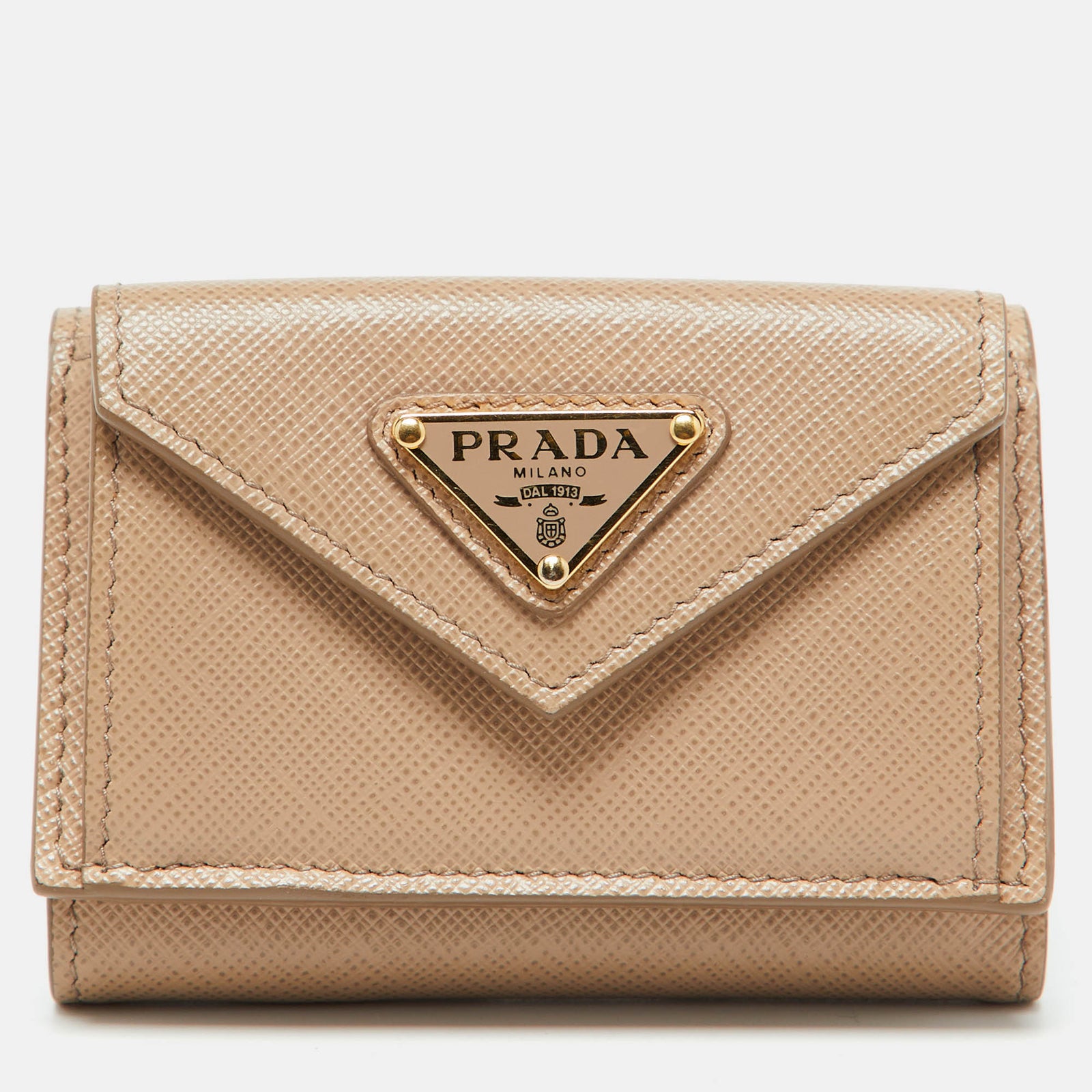 Prada Dreifach faltbare Geldbörse aus Saffiano-Leder in Beige