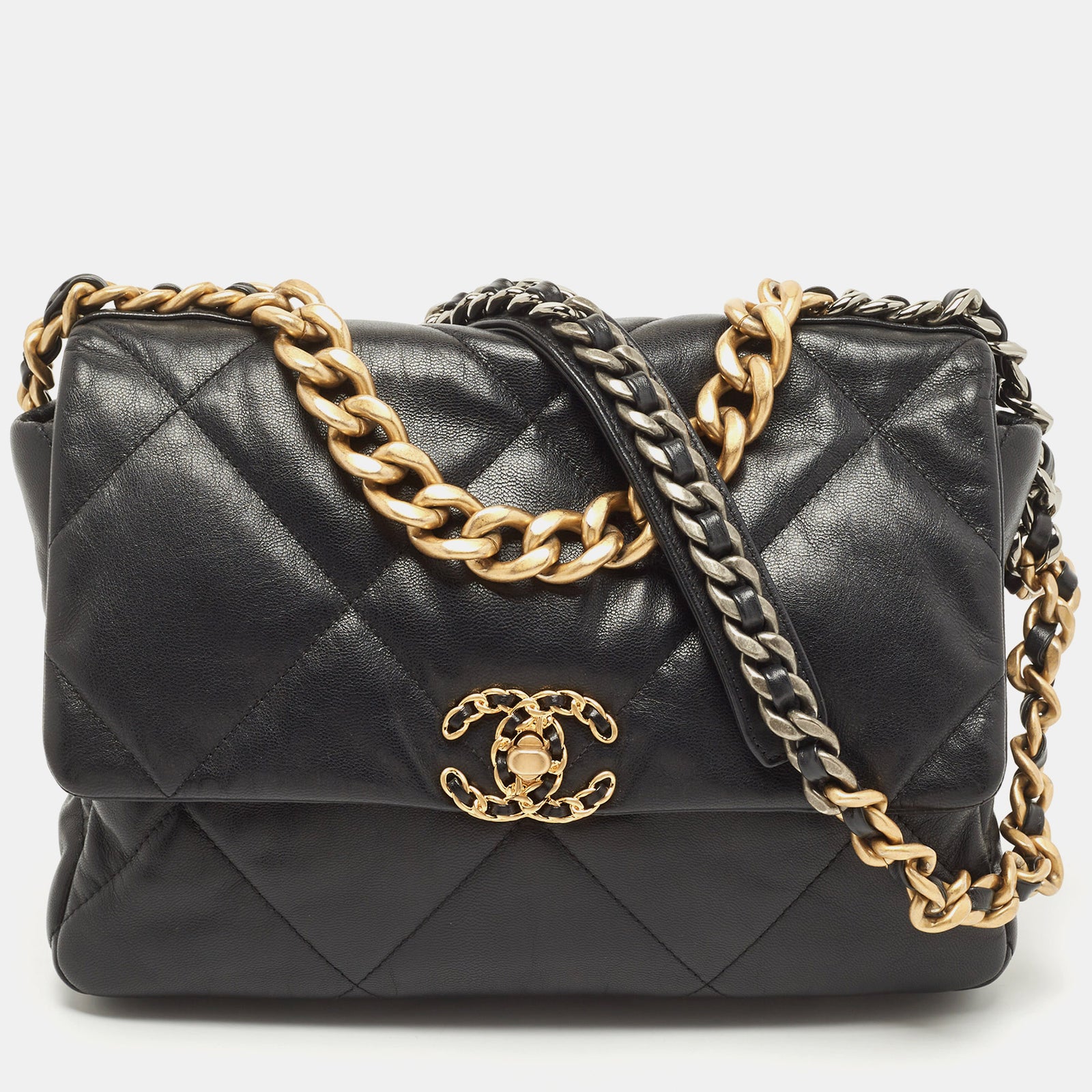 Chanel Schwarze CC Chain Link 19-Flap-Tasche aus gestepptem Leder