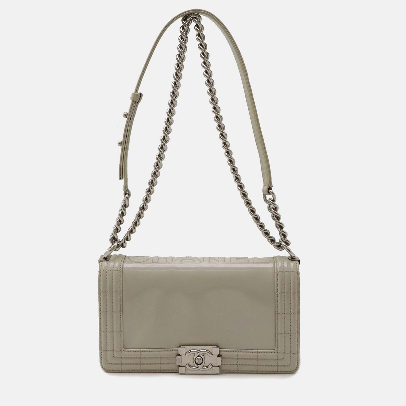 Chanel Graue Schultertasche „Boy Matelasse Coco Mark“ aus emailliertem Leder mit Kette