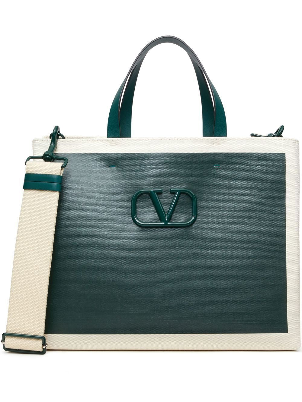 Valentino Garavani Men's Vlogo Signature Canvas Tote Bag in Naturale/Verde College/Sabbia | YB0B91ZKXUYR