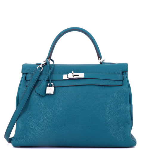 Kelly Handbag Bleu Izmir Clemence with Palladium Hardware 35
