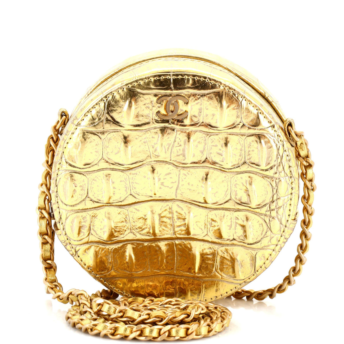 Chanel CHANEL Round Clutch with Chain Crocodile Embossed Metallic Calfskin