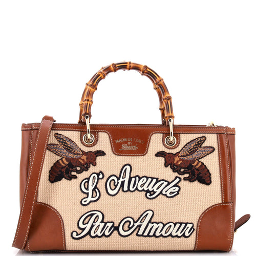 GUCCI Bamboo Web Shopper Tote Embroidered Cross Stitch Canvas Medium