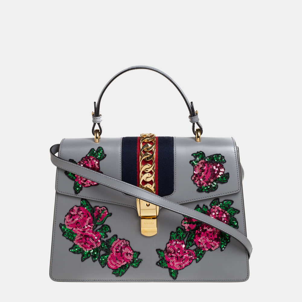 Gucci Grey Floral Sequins Patch Leather Medium Sylvie Top Handle Bag