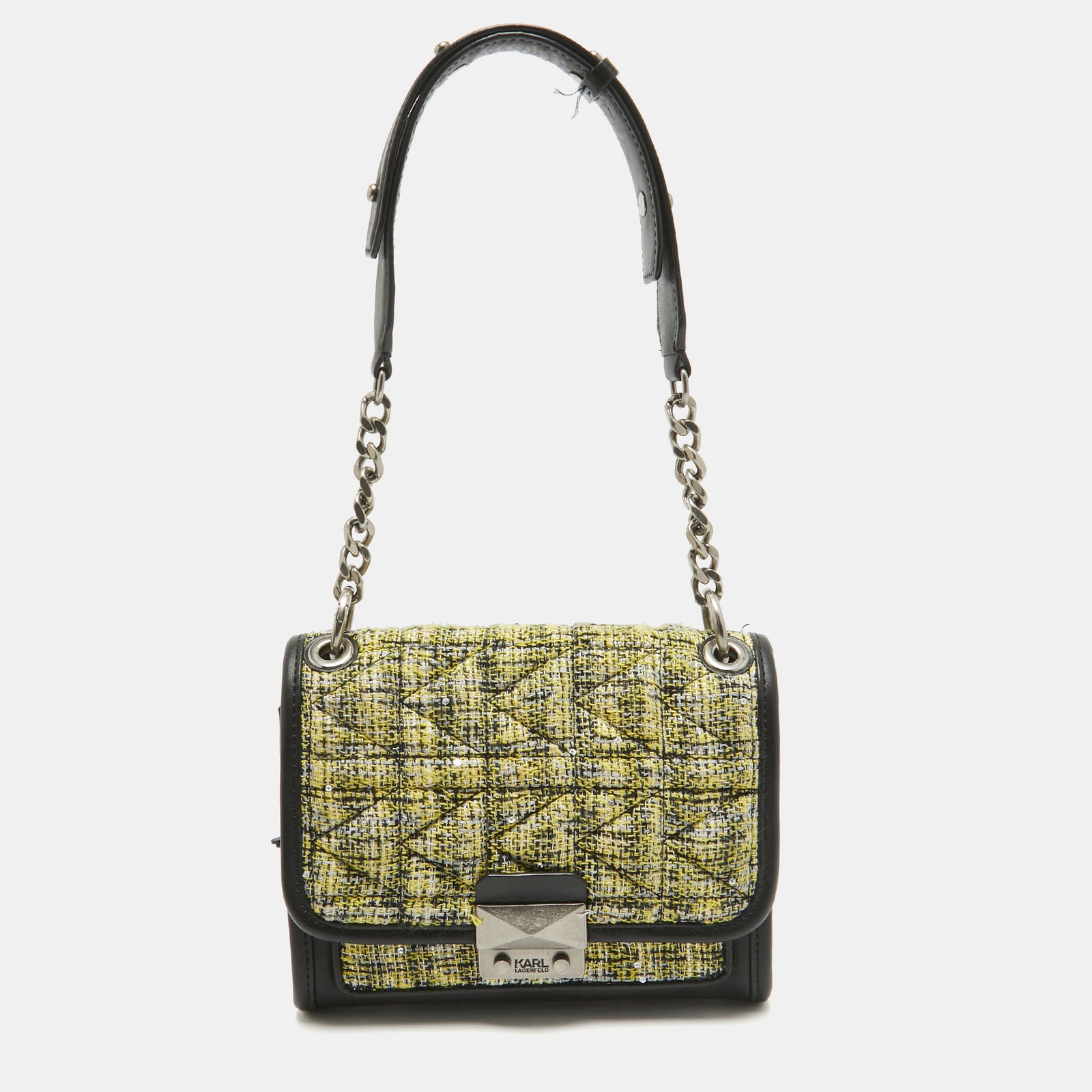 Karl Lagerfeld Black/Yellow Tweed and Leather K/Kuilted Flap Shoulder Bag