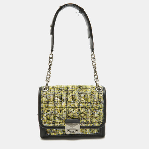 Black/Yellow Tweed and Leather K/Kuilted Flap Shoulder Bag