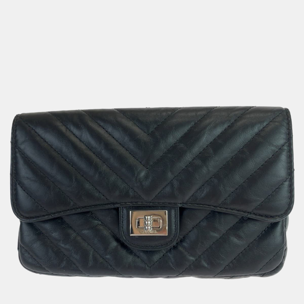 Chanel Black Lambskin Leather Chevron Turn Lock Flap Shoulder Bag