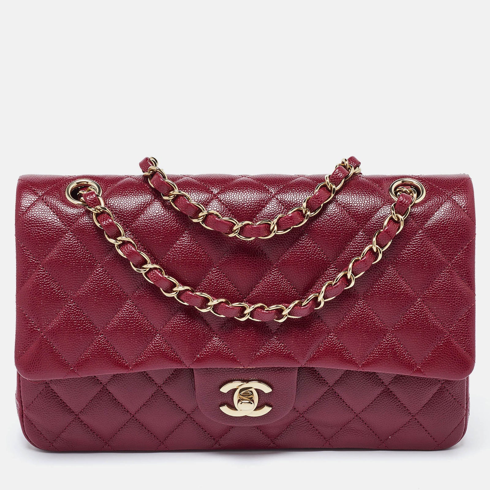 Chanel Sac à rabat classique de taille moyenne en cuir caviar matelassé rouge