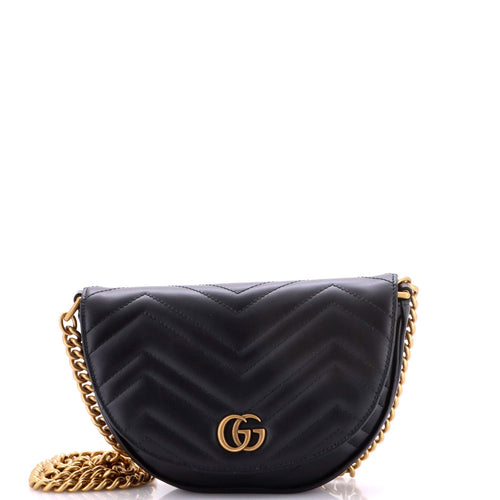 GUCCI GG Marmont Half Moon Flap Crossbody Bag Matelasse Leather Mini