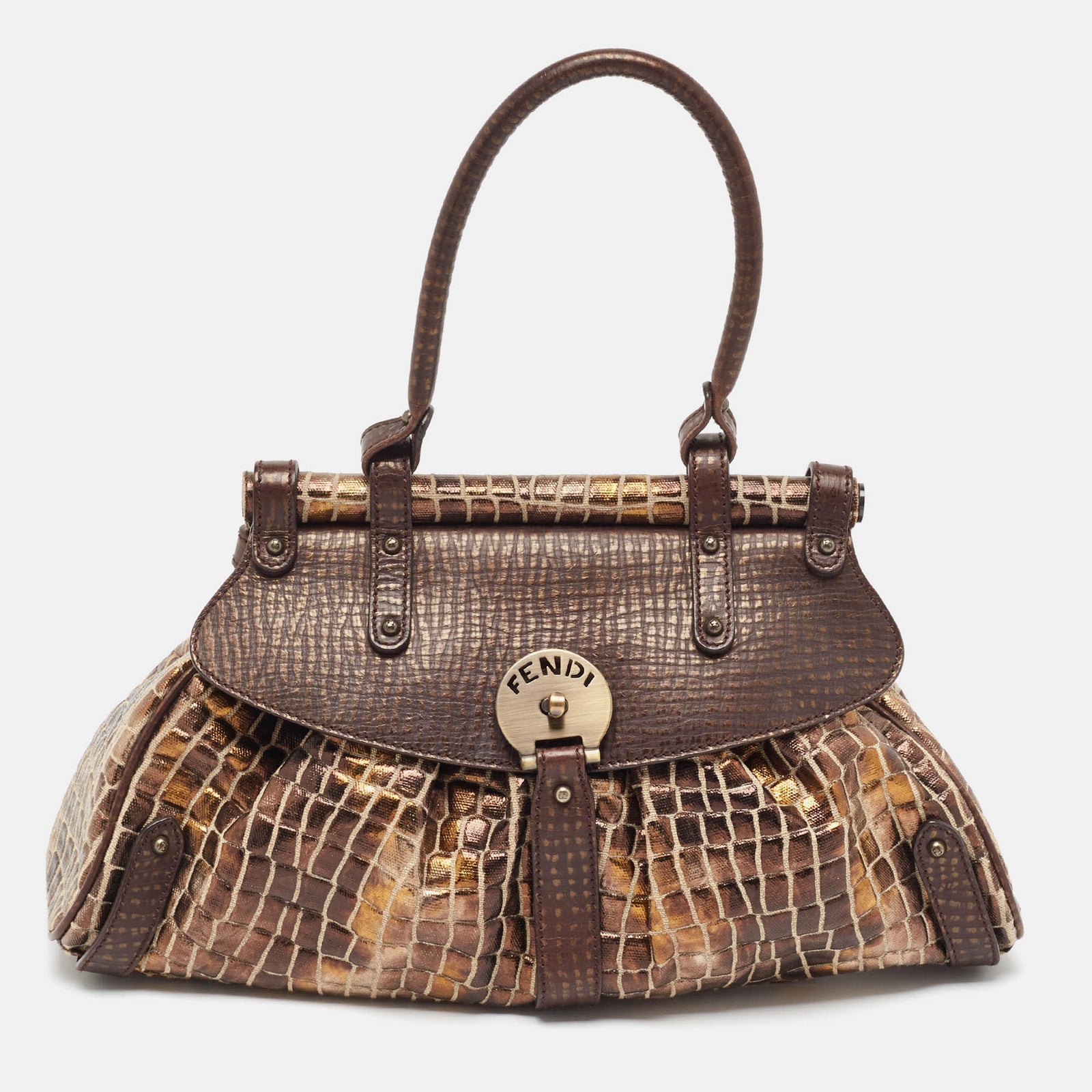 Fendi Metallic/Dark Brown Croc Effect Canvas Magic Satchel