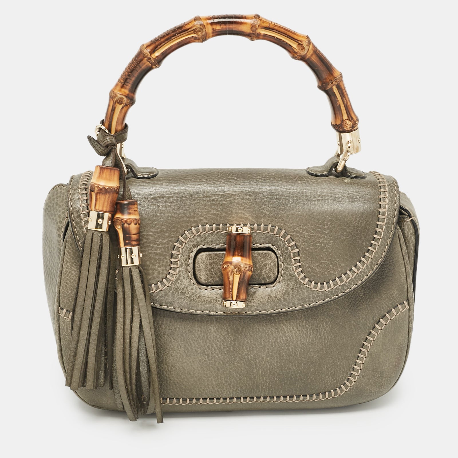 Gucci Mittelgroße New Bamboo-Tasche aus Leder in Grau mit Henkel