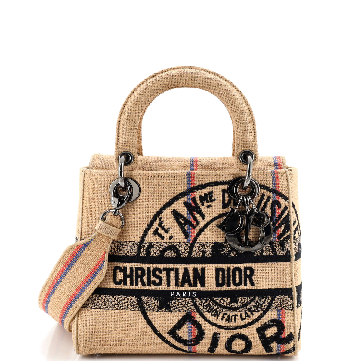 Christian Dior Lady D-Lite Bag Embroidered Jute Canvas Medium
