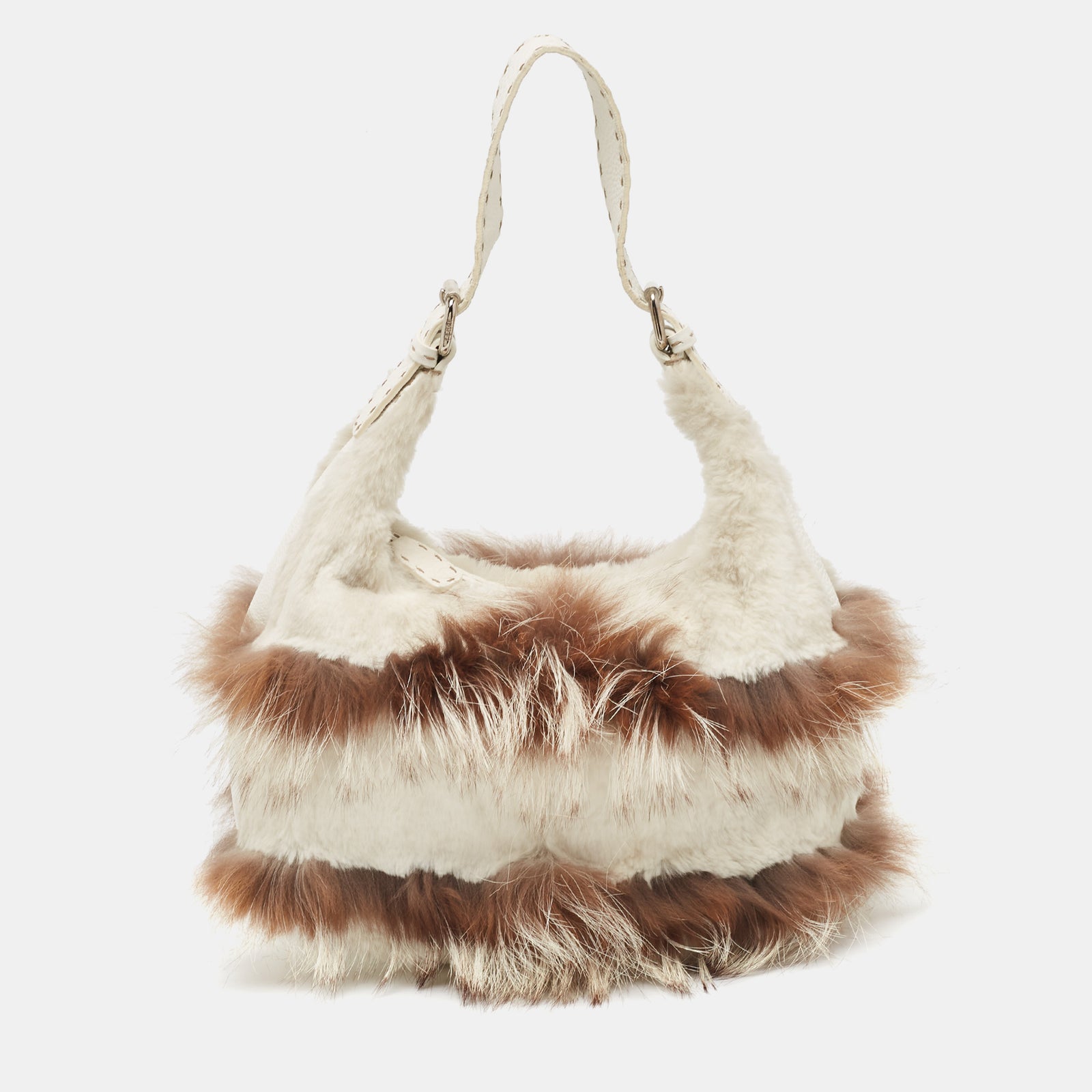 Fendi White/Brown Selleria Leather and Rabbit Fur Zip Hobo