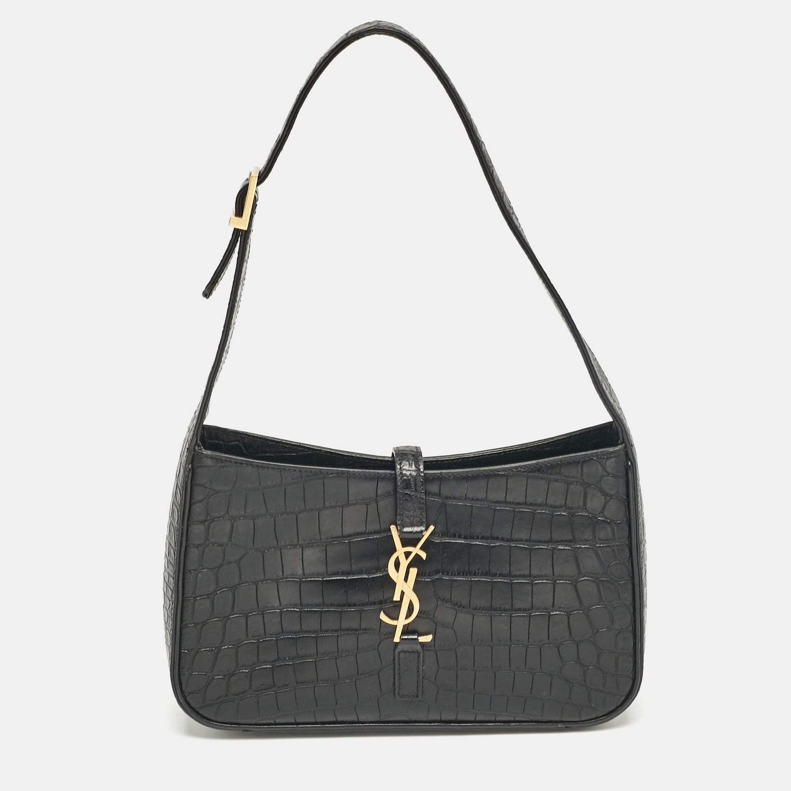 Saint Laurent Paris Saint Laurent Black Croc Embossed Leather LE 5 &Agrave; 7 Hobo