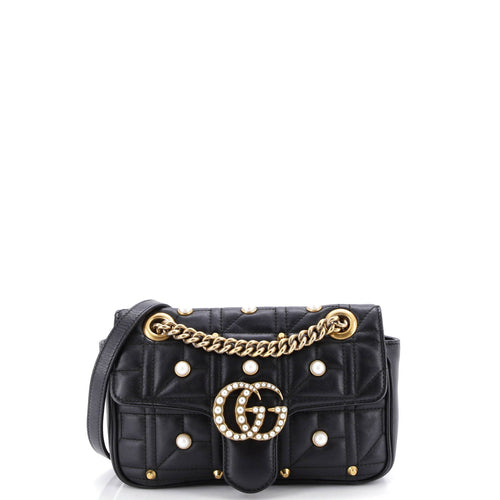 GUCCI Pearly GG Marmont Flap Bag Embellished Matelasse Leather Mini