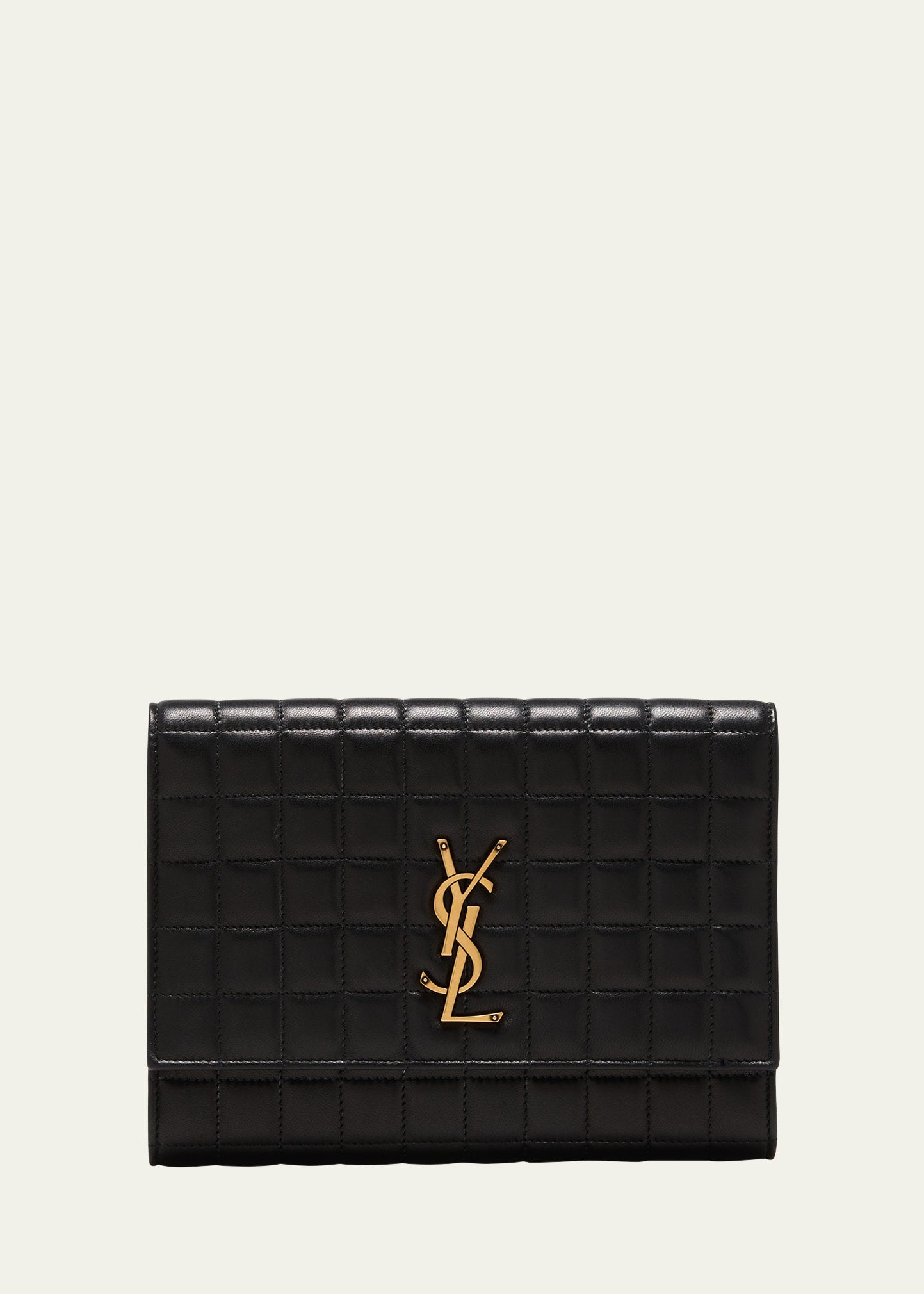 Saint Laurent YSL Monogram Flap Clutch Bag in Quilted Smooth Leather