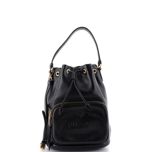 PRADA Logo Drawstring Bucket Bag Glace Calf Small