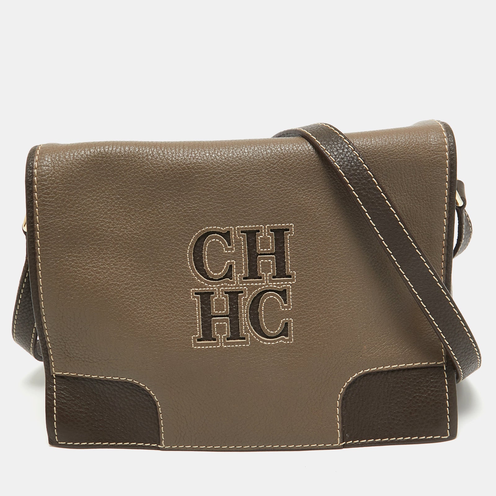 Ch Carolina Herrera Beige/Dark Brown Leather Flap Shoulder Bag