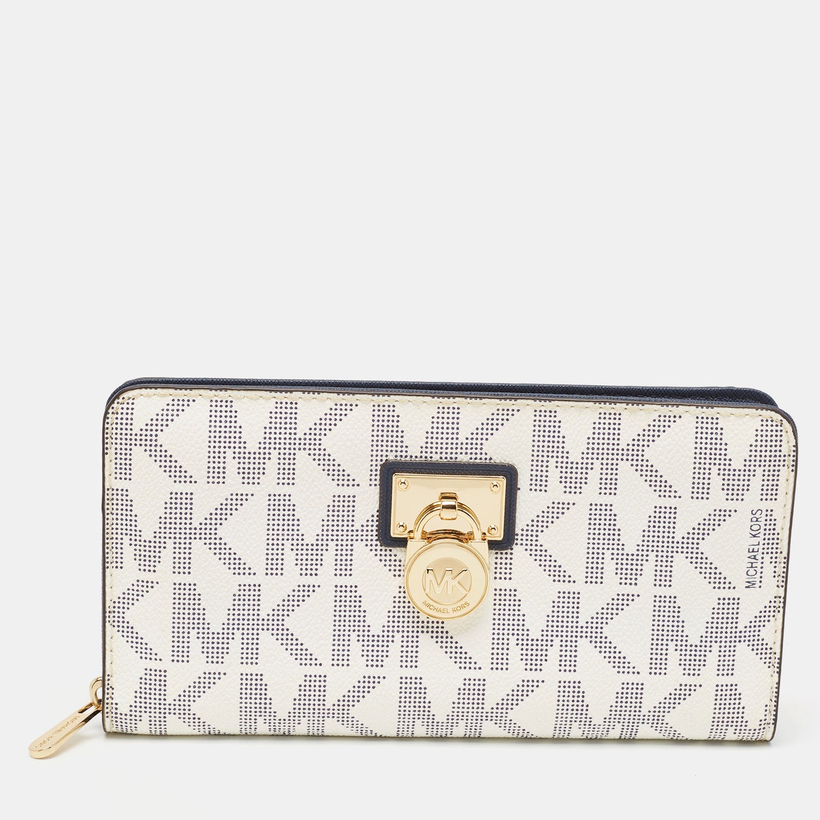 Michael Kors White/Blue Signature Coated Canvas Hamilton Zip Around Wallet