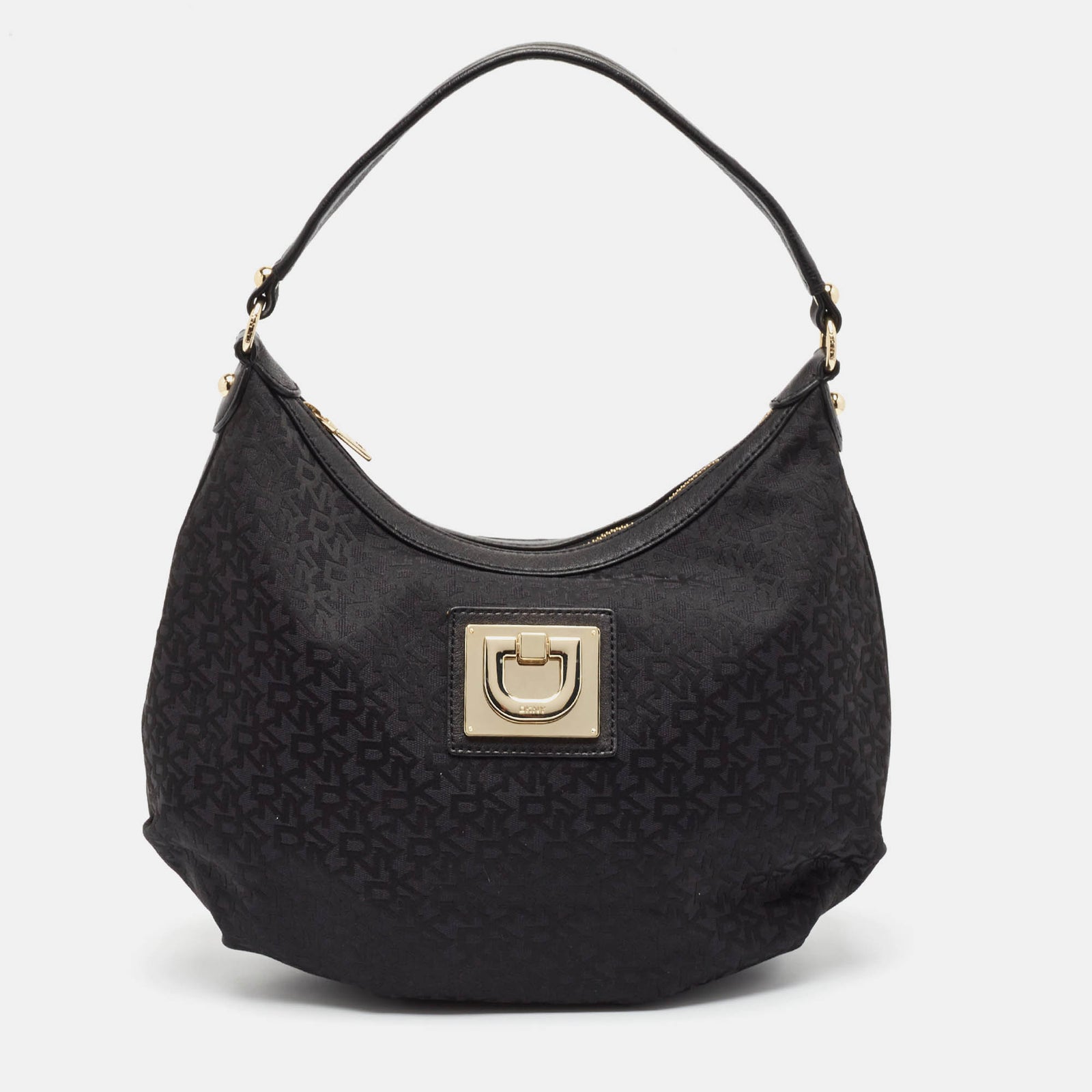 DKNY Black Monogram Canvas and Leather Zip Hobo