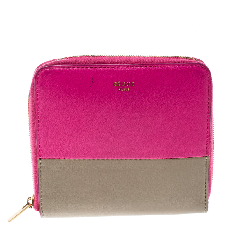 Celine Pink/Beige Leather Zip Around Compact Wallet