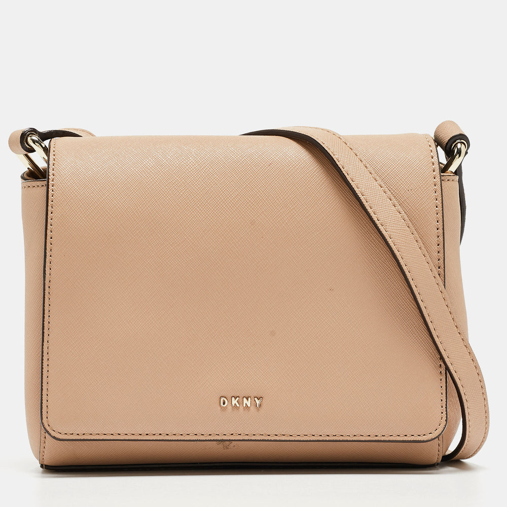 DKNY Beige Saffiano Leather Bryant Park Flap Crossbody Bag