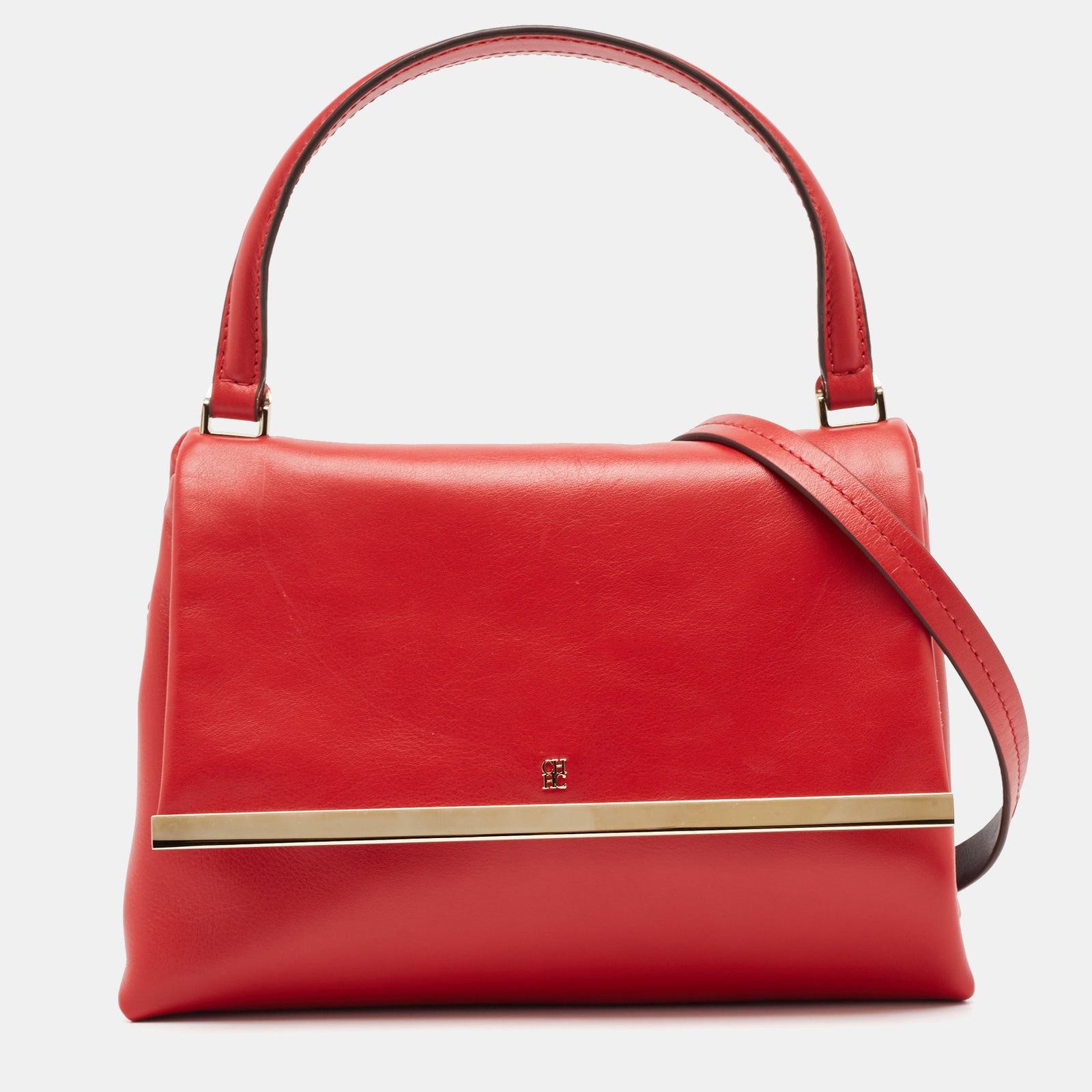 Ch Carolina Herrera Red Leather Metal Bar Flap Top Handle Bag