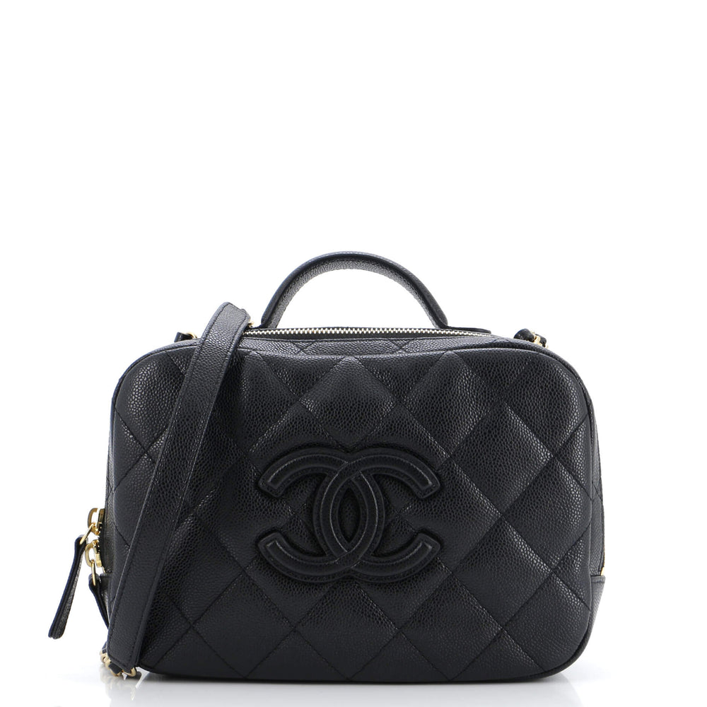 CHANEL CC Top Handle Zip Around Vanity Case with Chain Quilted Caviar Small