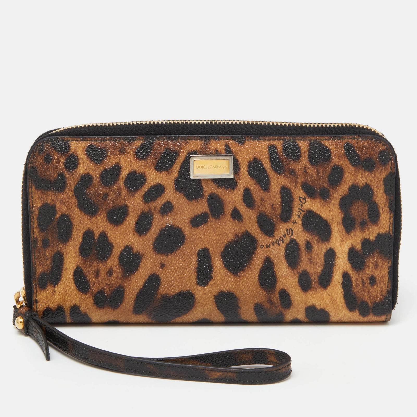 Dolce & Gabbana Leopard Print Coated Canvas Zip Around Wristlet Wallet