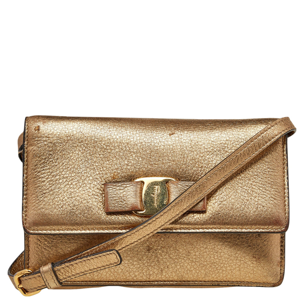 Salvatore Ferragamo Gold Leather Vara Bow Shoulder Bag