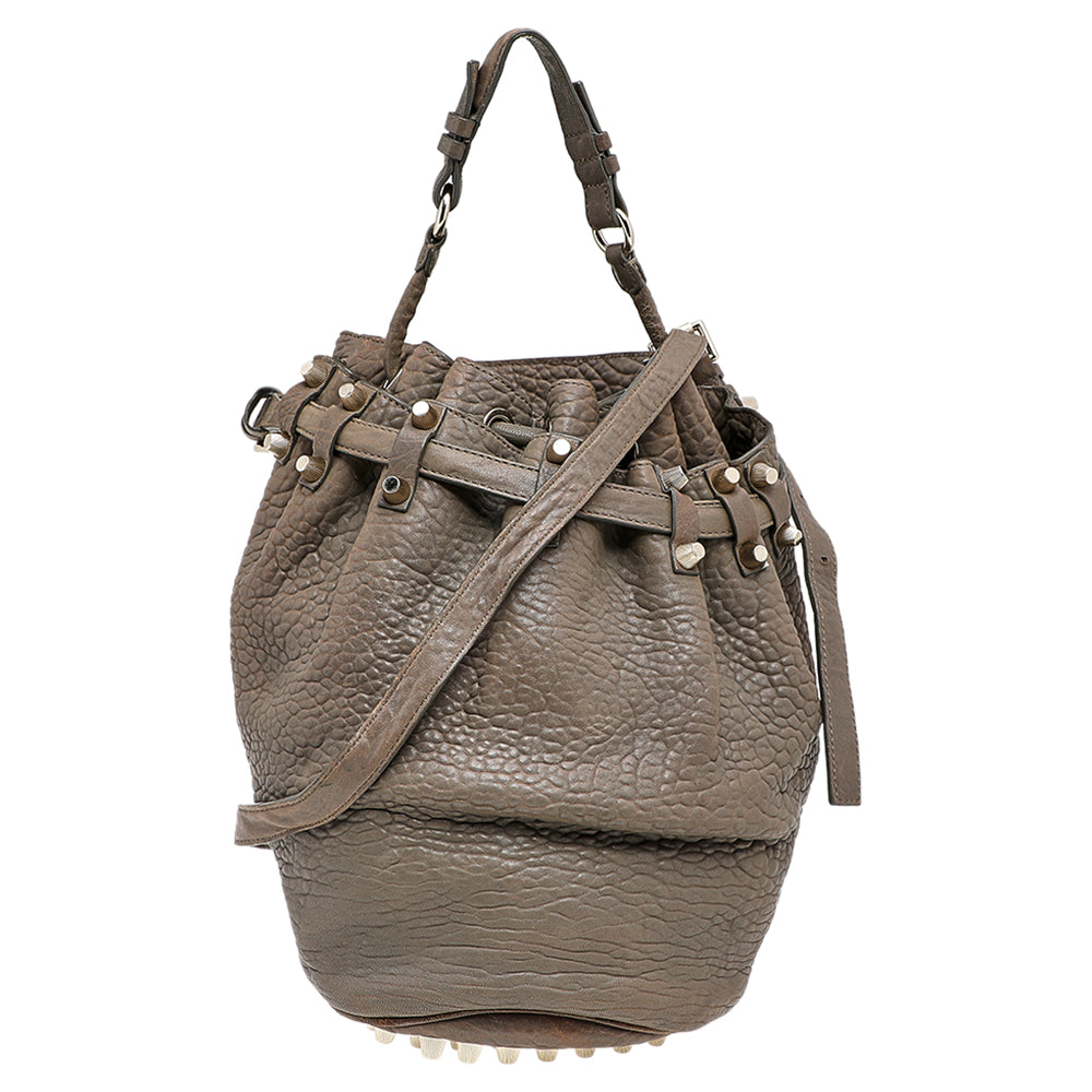 Grey Textured Leather Diego Bucket Bag